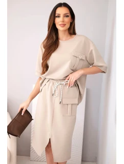 Dámský komplet s halenkou a midi sukní máslový fango