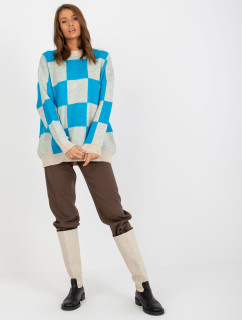 Nadrozmerný modrý a béžový kockovaný sveter pre ženy