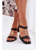 Sandały Damskie Na Słupku Z Ozdobą I Plecionką Czarne Annaviel Sandały Damskie Na Słupku Z Ozdobą I Plecionką Czarne Annaviel