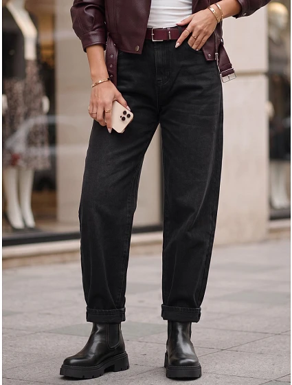 Dámske džínsy s balónovým strihom a opaskom, čierne, FashionStreet UY3130 Dámske džínsy s balónovým strihom a opaskom, čierne, FashionStreet UY3130