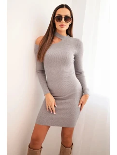Dámská šaty z pleteniny s dlouhým rukávem a asymetrickým výstřihem šedá