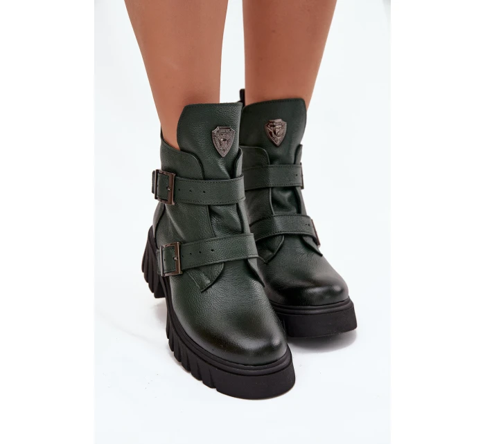 Skórzane Ocieplane Botki Damskie Z Klamrami I Ozdobnym Detalem Zazoo 60482 Ciemnozielone