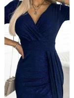 404-2 Dlhé trblietavé šaty s výstrihom a rozparkom na nohách - GRANITE s trblietkami