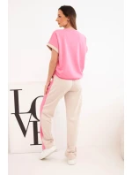 Dámský máslový komplet s oversize mikinou a širokými kalhotami růžová + béžová