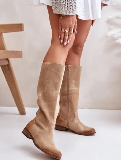 Zamszowe Kozaki Damskie Do Połowy Łydki Na Zamek Lewski 3616 Beżowe