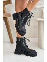 Ocieplane Skórzane Botki Workery Damskie Z Cyrkoniami GOE OO2N4125 Czarne