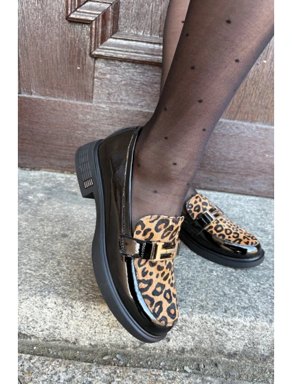 Kožené Lakované Mokasíny Leopard model 21691262 Černé - VINCEZA