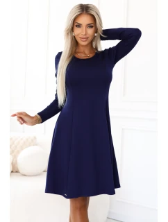 567-2 Pohodlné trapézové šaty s dlhými rukávmi - tmavomodré
