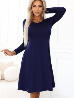 567-2 Pohodlné trapézové šaty s dlhými rukávmi - tmavomodré