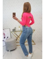Blúzka s rebrovaným výstrihom ružová neónová
