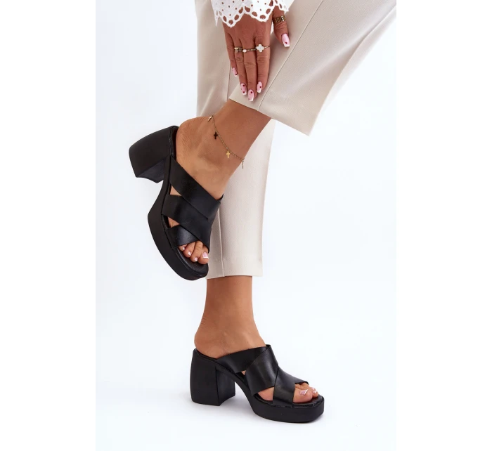 Zazoo 40373 Skórzane Klapki Na Klocku Czarne