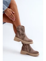Zazoo 3470 Zamszowe Botki Damskie Na Płaskim Obcasie Ażurowe Cappuccino