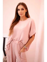 Komplet z viskózy halenka + kalhoty tmavě pudrově růžová