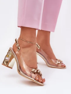Průhledné sandály na podpatku s krystaly model 21695432 zlaté - VINCEZA