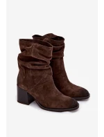 Kožené semišové kotníkové boty s na podpatku  Čokoládové model 21772371 - Zazoo