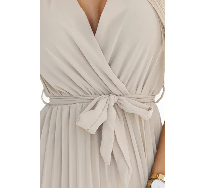 424-7 Šifónové plisované šaty s výstrihom a volánmi - BEACH