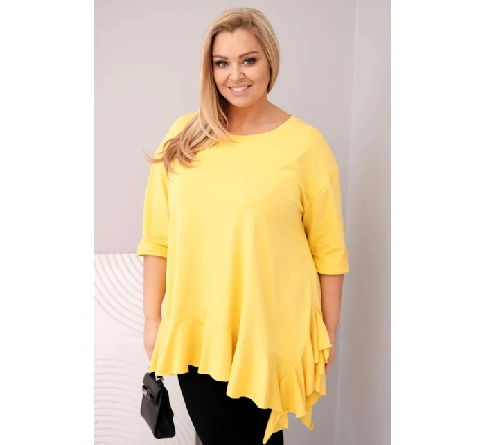 Dámská blůza Plus Size s bavlnou, volánem a ohrnovacími rukávy žlutá