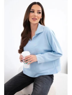 Dámska maslová viskózna mikina s golierom a výstrihom do V modrá