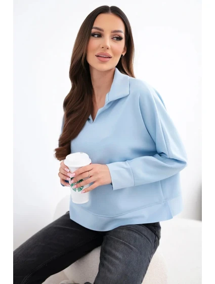 Dámska maslová viskózna mikina s golierom a výstrihom do V modrá