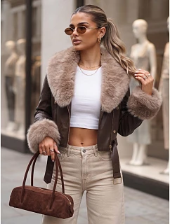 Dámska zimná kožená bunda s kožušinou, hnedá, FashionStreet TY5979