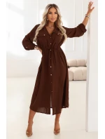 651-1 Midi šaty s gombíkmi a opaskom - čokoládové