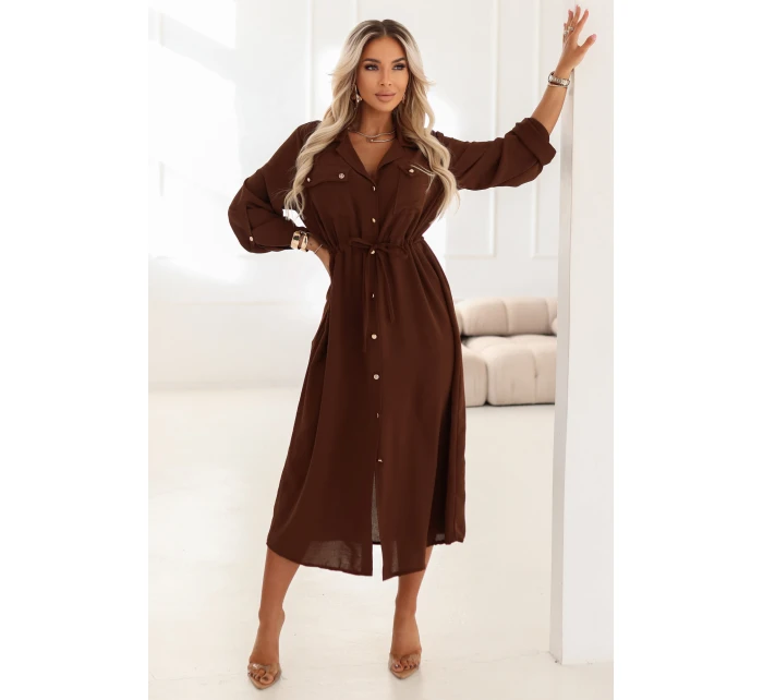 651-1 Midi šaty s gombíkmi a opaskom - čokoládové