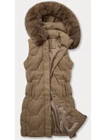 Dámska bunda bez rukávov s kožušinovou kapucňou J Style Dark Beige (16M9172-84)