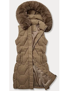 Dámska bunda bez rukávov s kožušinovou kapucňou J Style Dark Beige (16M9172-84)