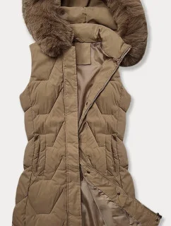 Tmavobéžová dámska vesta s kapucňou a kožušinovým lemom J Style (16M9172-84)