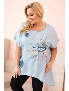 Dámská halenka Plus Size s nášivkami světlý denim