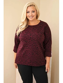 Dámska blúzka vo veľkosti Plus Size s leopardím vzorom a predĺženým zadným dielom v bordovo-červenej farbe