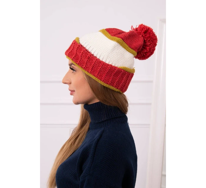 Dámska čiapka Kinga K297 červená+svetlá khaki+ecru Dámska čiapka Kinga K297 červená+svetlá khaki+ecru