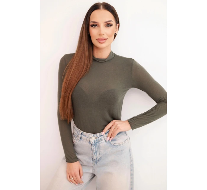 Dámsky kašmírový sveter s jemným rolákom a dlhými rukávmi, farba khaki