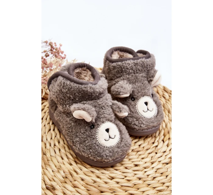 Kapcie Dziecięce Ocieplane Z Misiem Szare Eberra
