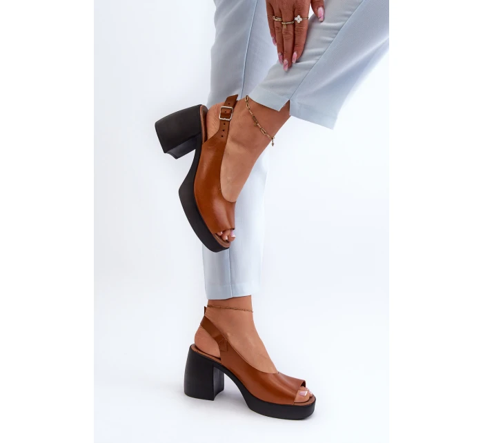 Zazoo 40376 Skórzane Sandały Na Masywnym Obcasie Brązowe