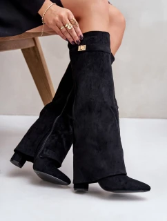 Dámske zateplené čižmy Evyra na podpätku s vyhrnutou holennou časťou - béžové, eko semiš