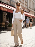 Dámske ľanové nohavice so širokými nohavicami béžovej farby FashionStreet UY3079 Dámske ľanové nohavice so širokými nohavicami béžovej farby FashionStreet UY3079