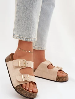 Dámské pantofle na korkové platformě se zlatými sponami světle béžové Tovessa