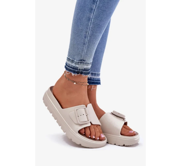 Dámske penové papuče s platformou a prackou - béžové