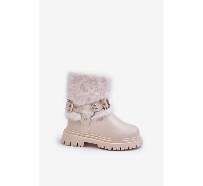 Eko Skórzane Botki Dziewczęce Z Futerkiem I Klamrami Beżowe Cartemes Eko Skórzane Botki Dziewczęce Z Futerkiem I Klamrami Beżowe Cartemes
