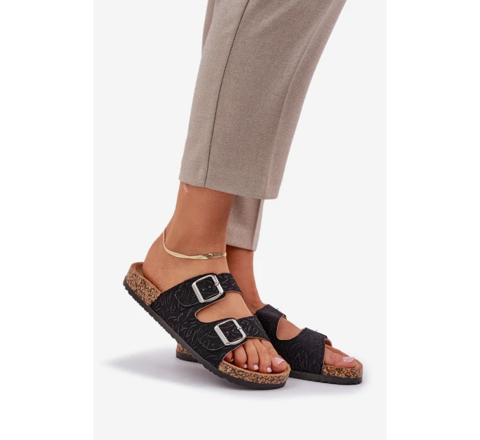 Materiałowe Klapki Na Korkowej Podeszwie Z Klamrami Czarne Atera