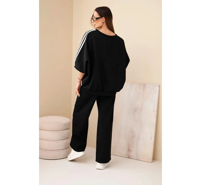 Dámsky viskózový komplet so širokými nohavicami a voľnou blúzkou čierny