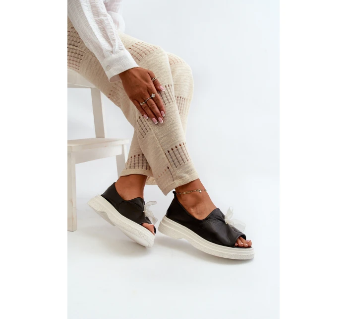 Zazoo 2939 Skórzane Sandały Damskie Z Kokardką Czarne