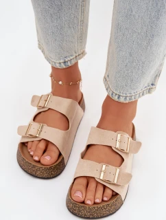 Dámské pantofle na korkové platformě se zlatými sponami světle béžové model 21919272 - EVENTO