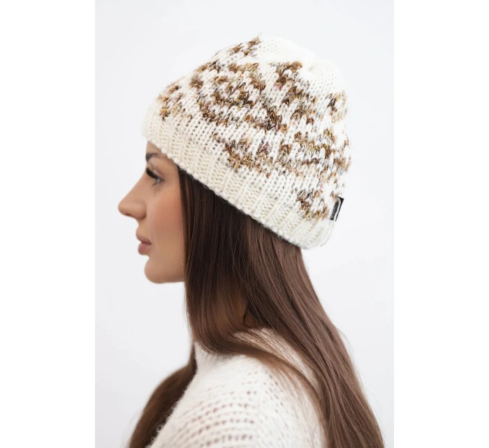 Dámska zimná čiapka s farebnými vzormi a hrubým úpletom K353 ecru+brown melier