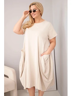 Dámske bavlnené šaty s vreckami v béžovej farbe