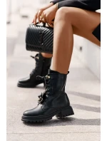 Eko Skórzane Botki Workery Damskie Z Przypinkami Czarne Rianael Eko Skórzane Botki Workery Damskie Z Przypinkami Czarne Rianael