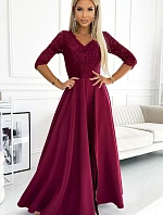 309-9 AMBER elegantné dlhé maxi šaty s čipkovým výstrihom - Bordeaux