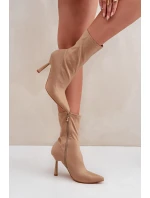 Materiałowe Botki Na Szpilce Ciemnobeżowe Amune