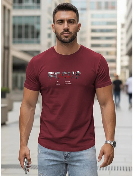 Pánské tričko s velkým nápisem, bavlněné, vínové, FashionStreet NX5137R